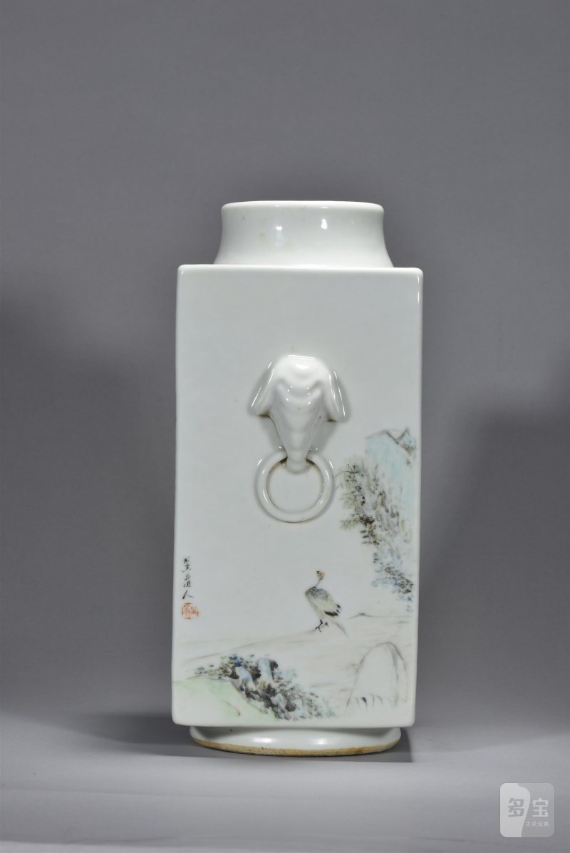 清光绪 程门、程小松父子合作浅绛彩山水花鸟人物纹象耳琮式瓶 - 图7